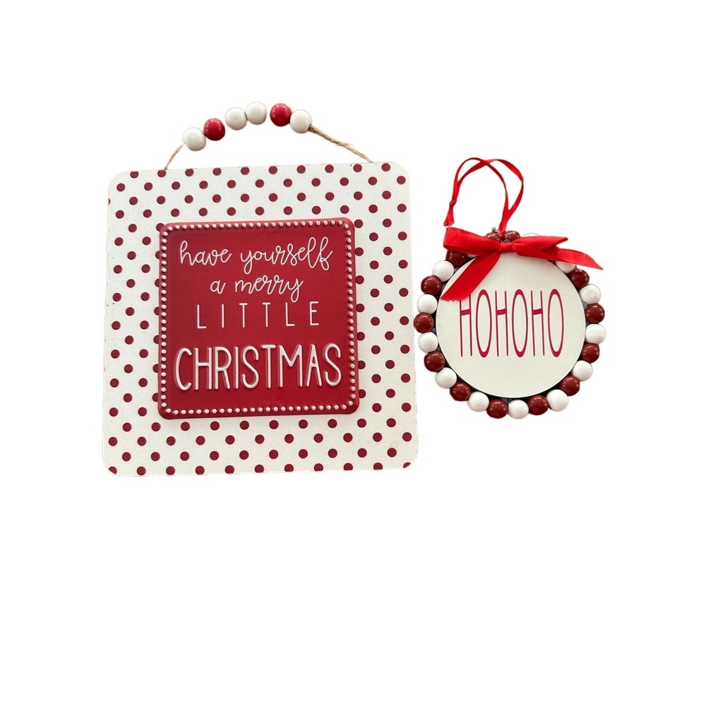 Christmas sign w/ Red & White beads & beaded ho ho ho ornament- NWT